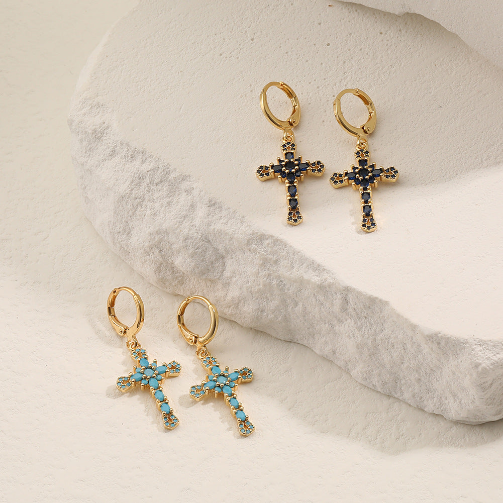 Wholesale Cross Vintage Geometric Copper Plated Real Gold Earrings